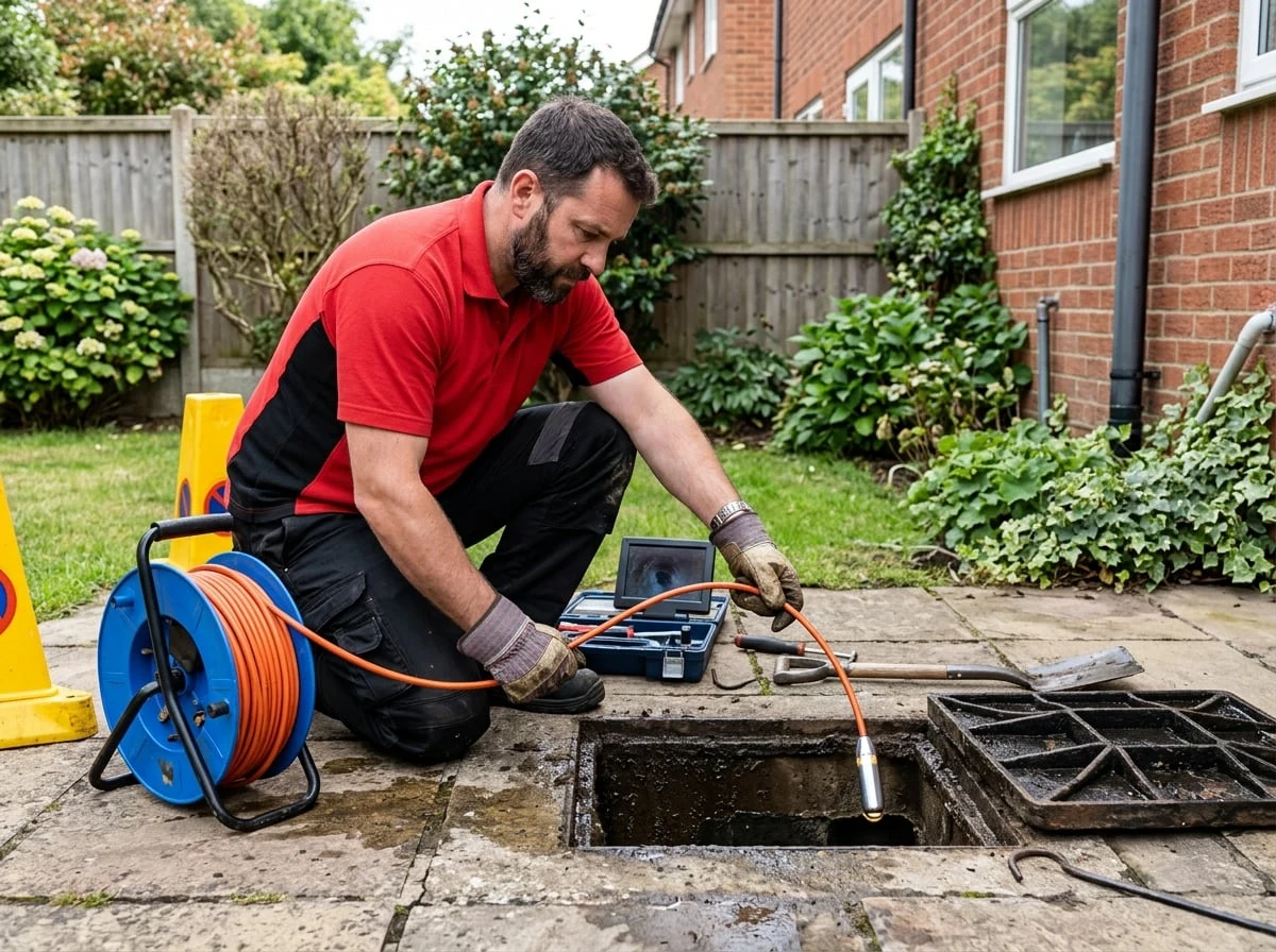 Finchley Plumbers 247 engineer using a CCTV drain camera to inspect a blocked drain in Finchley