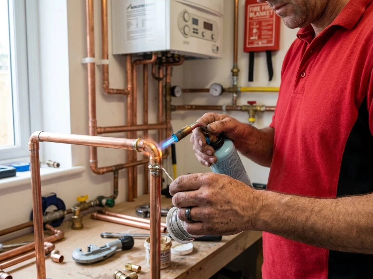 Finchley Plumbers 247 engineer soldering copper pipe fittings for a new boiler installation in Finchley