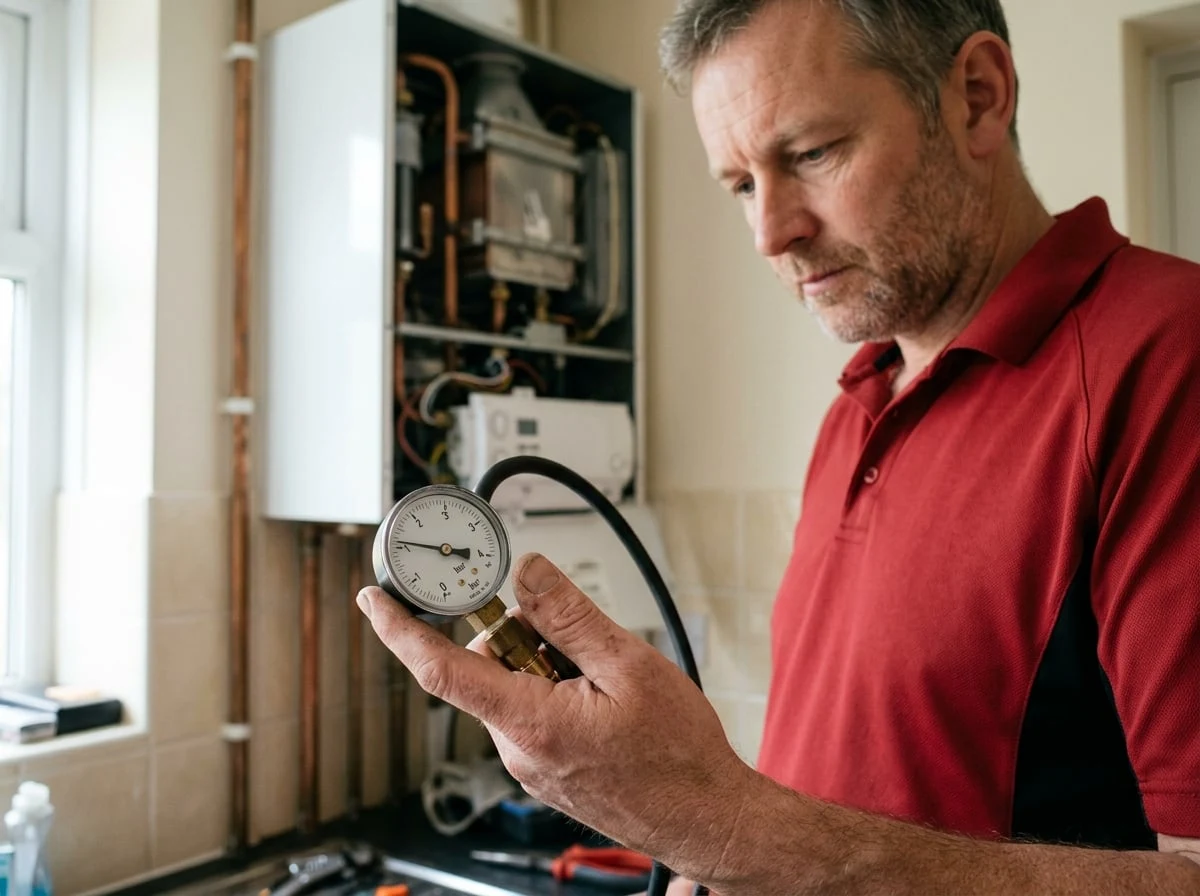 Finchley Plumbers 247 engineer checking boiler pressure with a gauge during a boiler repair in Finchley